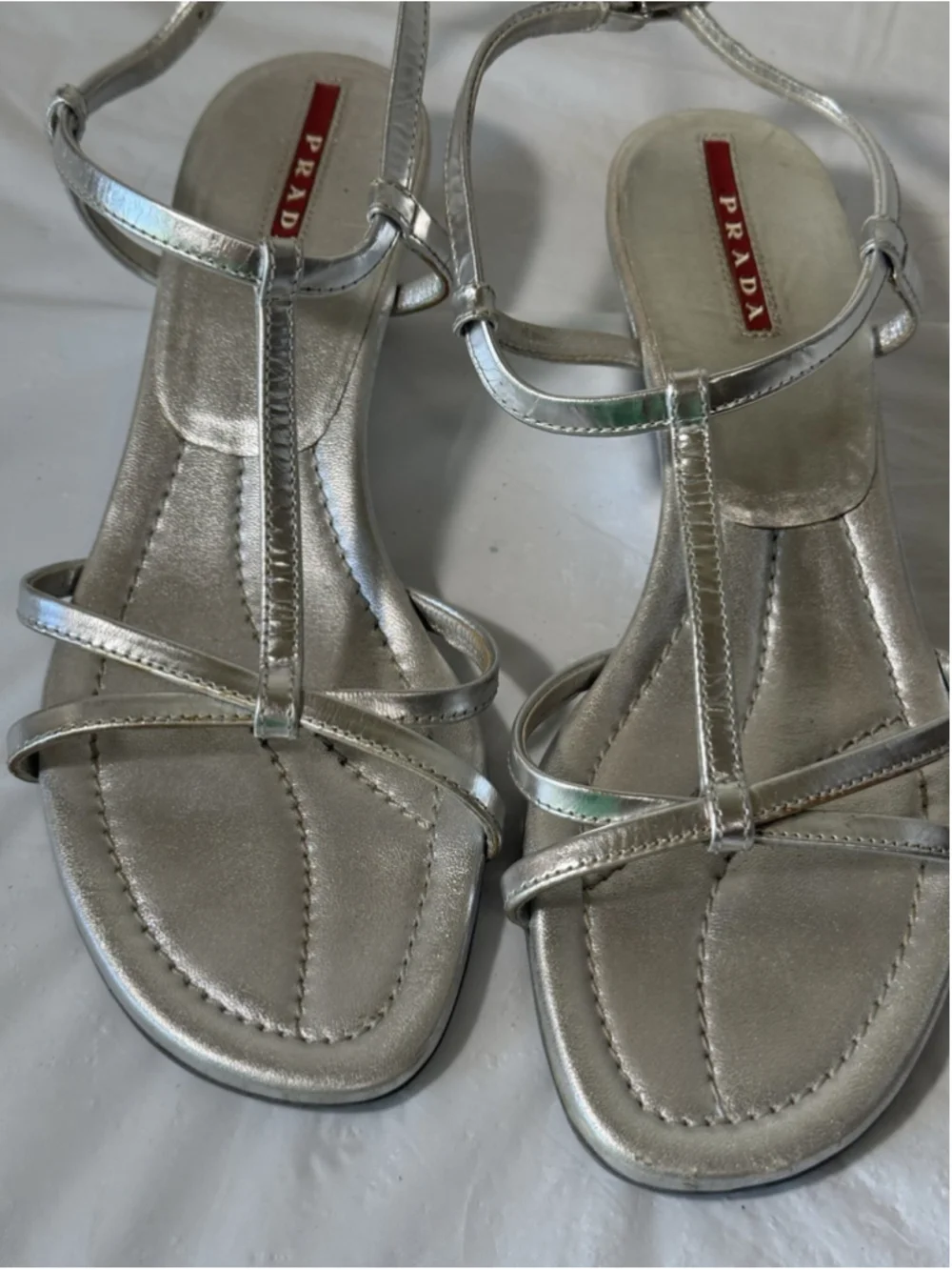 PRADA, Wedge Sandals, Silver Leather, size 6 1/2